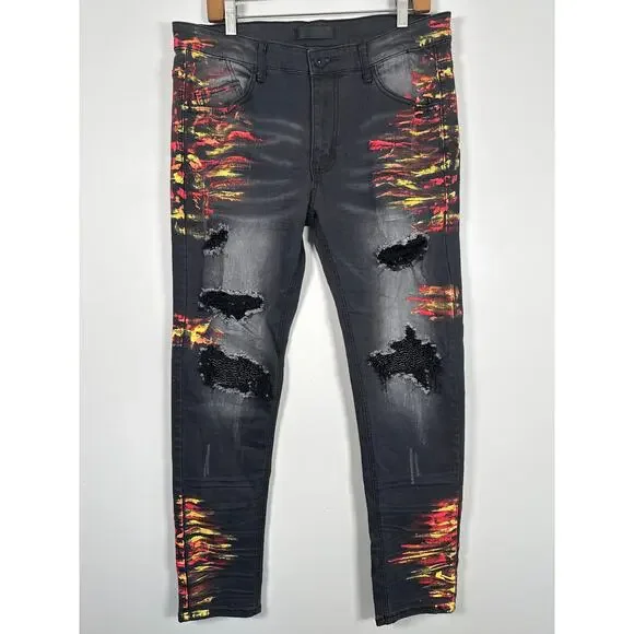 KDNK Smocked PU Jeans With Multi-Paint Splatter Mens Size 34 - Picture 2 of 11